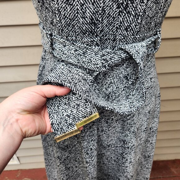 Calvin Klein Knit A-Line Dress Tweed Look Black White Sleeveless Tie Waist - Picture 7 of 16
